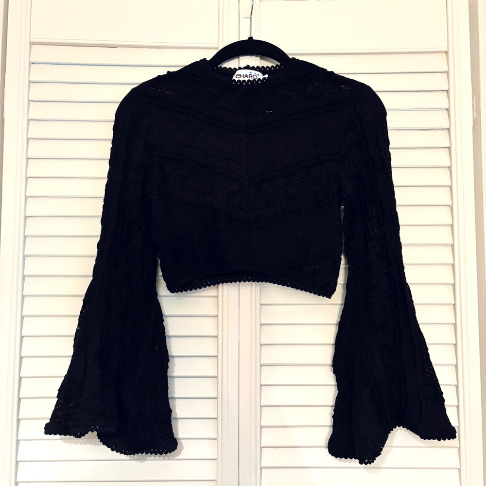 Charo Ruiz Black Cropped Lace Top with Flared Sleeves - Picture 4 of 8